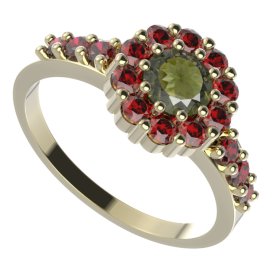 BG prsten 628-Z kulatého tvaru Žluté zlato - 585 Vltavín a granát