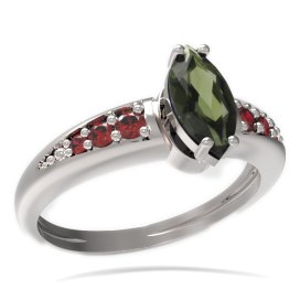 BG prsten oválný kámen 483-J Bílé zlato - 585 Vltavín a granát