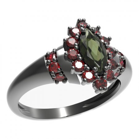 BG prsten oválný kámen 504-K - Kov: Stříbro 925 - rhodium, Kámen: Vltavín a granát