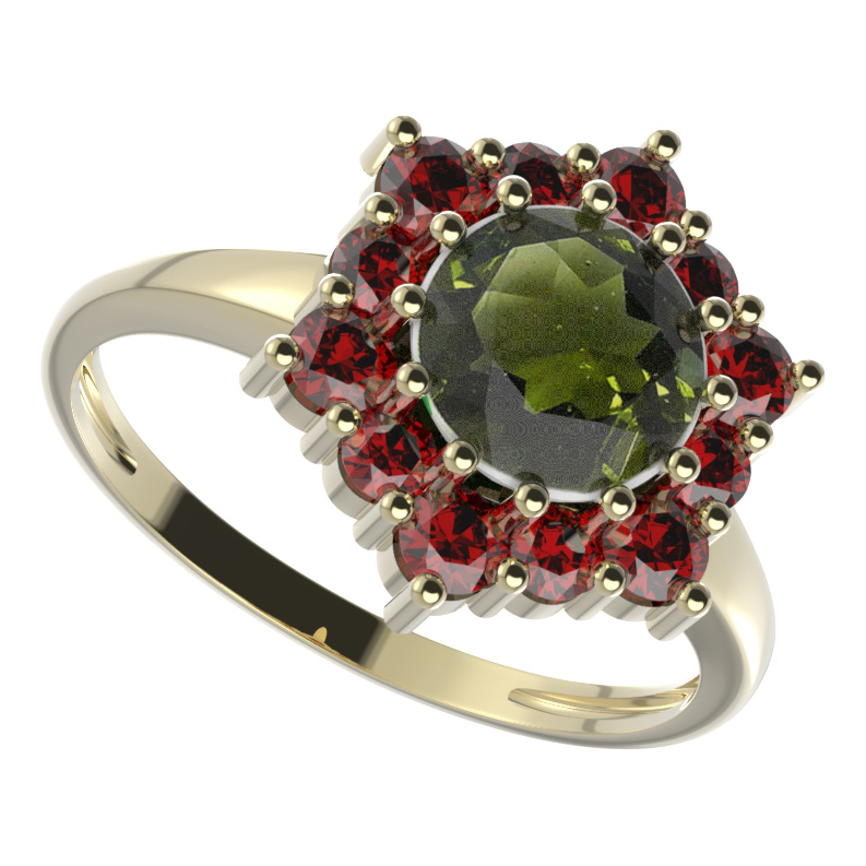 BG prsten kulatý 230-I Žluté zlato - 585 Vltavín a granát