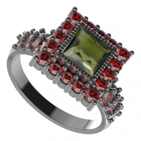 BG prsten 099-X čtvercového tvaru - Kov: Stříbro 925 - rhodium, Kámen: Vltavín a granát