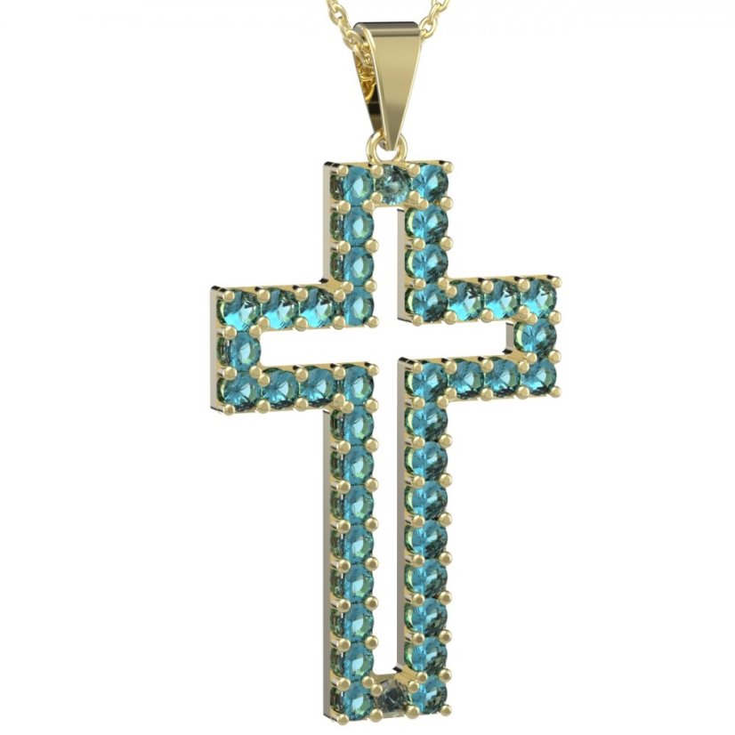 Zlatý přívěsek křížek se světle modrým zirkonem, žluté zlato 585 – 238 (ZM34238c)