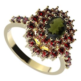 BG prsten 001-Z oválného tvaru Žluté zlato - 585 Vltavín a granát