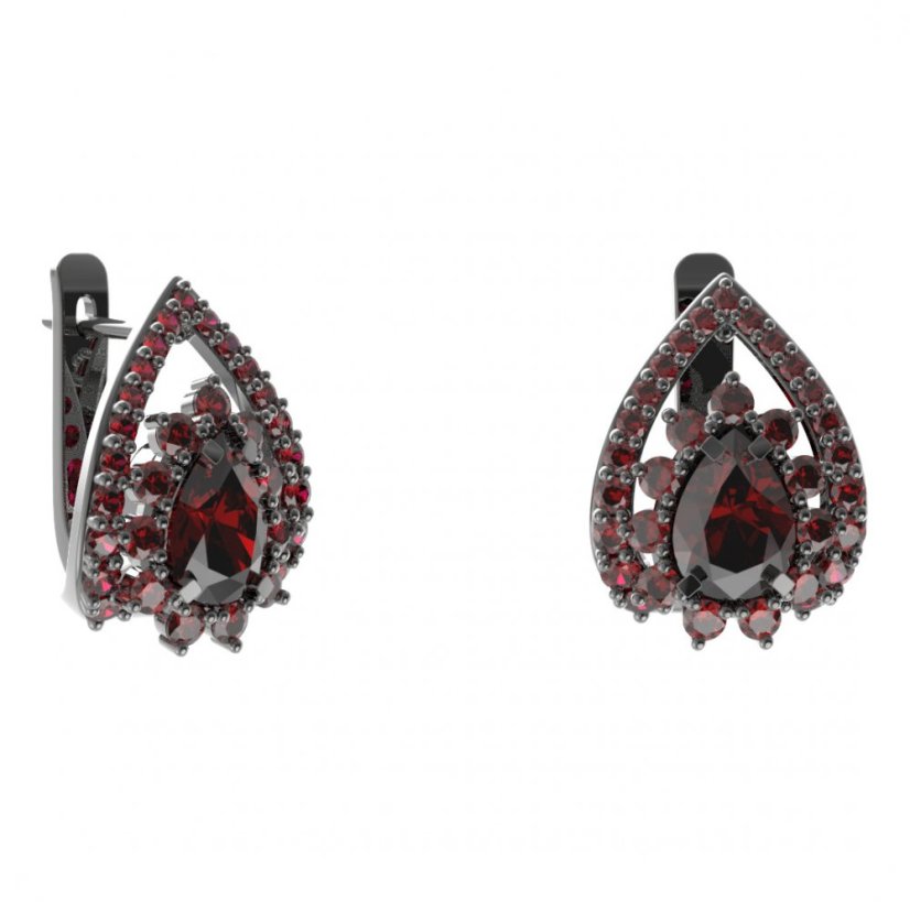 Stříbrné náušnice kapka s českým granátem, ruthenium, anglické zapínání – 509-90