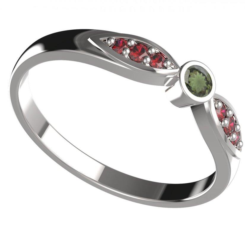 BG granátový, vltavínový  prstýnek 1151 /zásnubní-snubní/ Bílé zlato - 585 Vltavín a granát