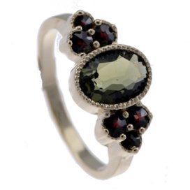 BG prsten přírodní broušený granát   688 Žluté zlato - 585 Vltavín a granát