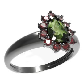 BG prsten s kapkovitým kamenem 509-I Stříbro 925 - ruthenium (30-90dní) Vltavín a granát