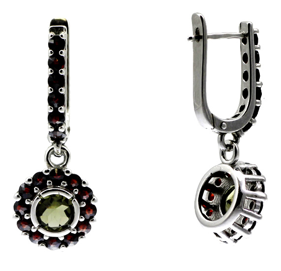 BG náušnice vsazeny kameny  750-94 Stříbro 925 - rhodium Vltavín a granát