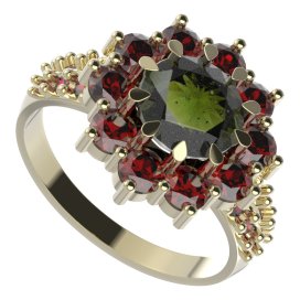 BG prsten 011-X kulatého tvaru Žluté zlato - 585 Vltavín a granát