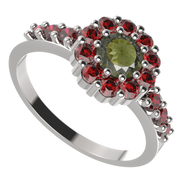 BG prsten 628-Z kulatého tvaru Stříbro 925 - rhodium Vltavín a granát