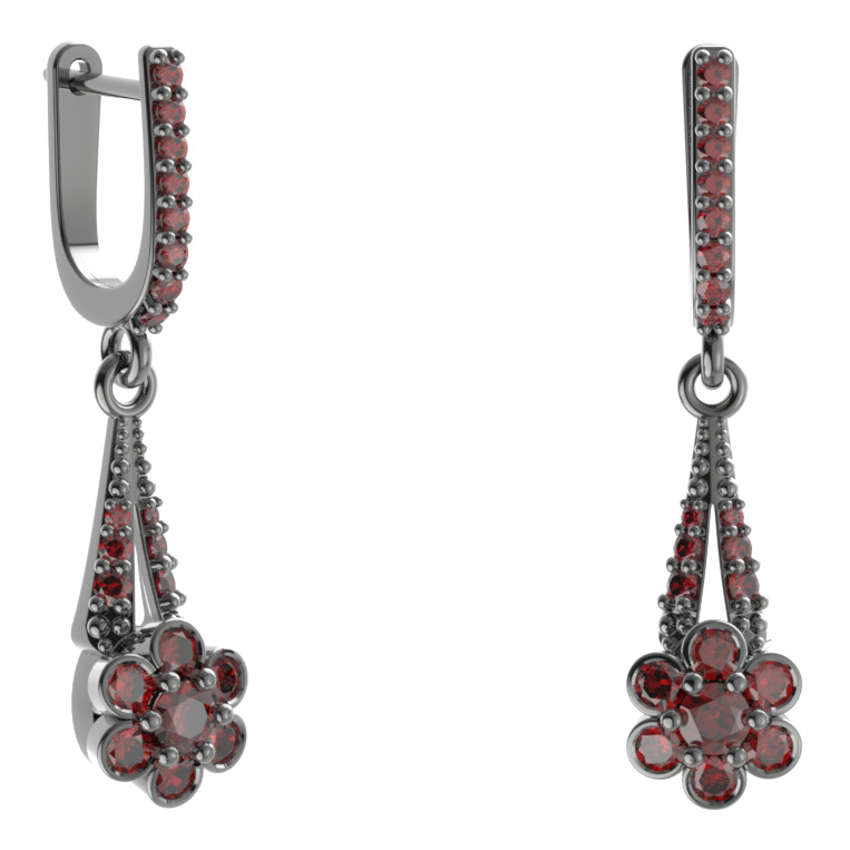 Stříbrné náušnice květu s českým granátem, ruthenium, anglické zapínání – 518-G91
