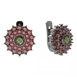 BG náušnice kulatého tvaru 004-07 Stříbro 925 - ruthenium (30-90dní) Vltavín a granát