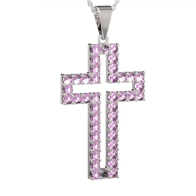 Zlatý přívěsek křížek s růžovým zirkonem, bílé zlato 585 – 238 (ZN44238b)