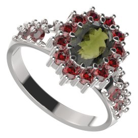 BG prsten 298-X oválného tvaru Bílé zlato - 585 Vltavín a granát