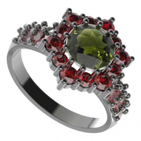 BG prsten 230-X kulatého tvaru - Kov: Stříbro 925 - rhodium, Kámen: Vltavín a granát
