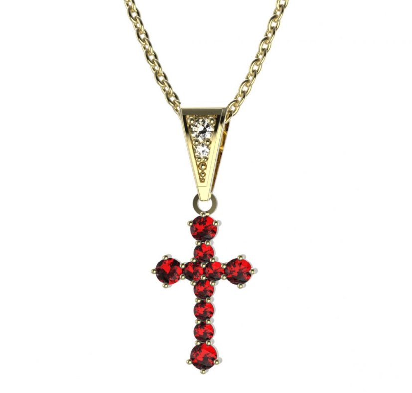Zlatý přívěsek křížek s červeným zirkonem, žluté zlato 585 – 256 (ZI342561)