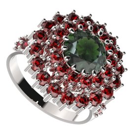 BG prsten 457-X kulatého tvaru Stříbro 925 - rhodium Vltavín a granát