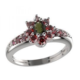 BG prsten s oválným kamenem 627-J Bílé zlato - 585 Vltavín a granát