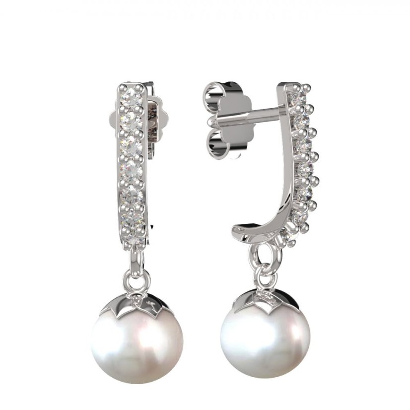 BG zlaté náušnice 561 s bílou perlou Bílé zlato - 585 Diamant a perla