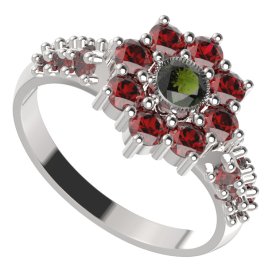 BG prsten 030-X kulatého tvaru Bílé zlato - 585 Vltavín a granát