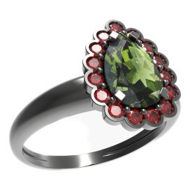 BG prsten s kapkovitým kamenem 519-I Stříbro 925 - ruthenium (30-90dní) Vltavín a granát