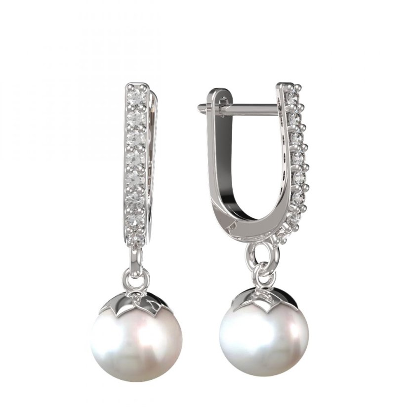 BG zlaté náušnice 561 s bílou perlou Bílé zlato - 585 Diamant a perla