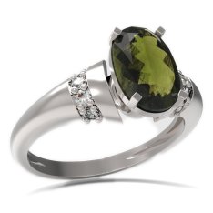 BG prsten oválný kámen 492-K Stříbro 925 - rhodium Vltavín a  kubický zirkon