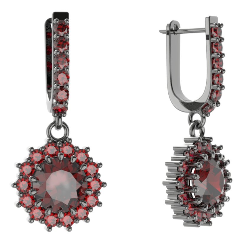 Stříbrné náušnice s českým granátem, ruthenium, visací – 096-94