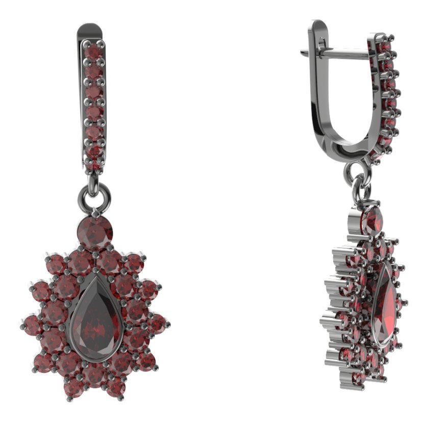 Stříbrné náušnice kapka s českým granátem, ruthenium, visací – 147-84