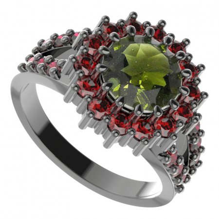 BG prsten kulatý 096-Y - Kov: Stříbro 925 - rhodium, Kámen: Vltavín a granát