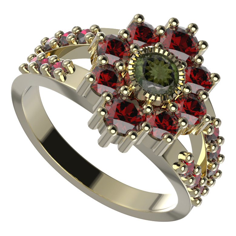BG prsten kulatý 017-Y Žluté zlato - 585 Vltavín a granát
