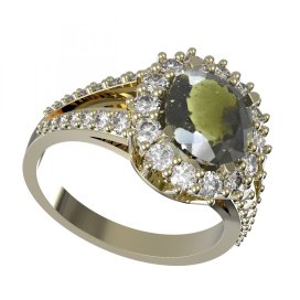 BG prsten s oválným kamenem 977 Stříbro 925 - pozlacené Vltavín a  kubický zirkon