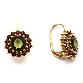 BG náušnice přírodní broušený granát   988 Žluté zlato - 585 Vltavín a granát