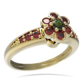 BG prsten kulatý kámen 518-J Žluté zlato - 585 Vltavín a granát