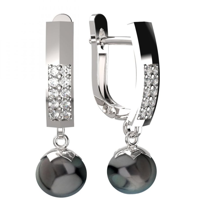 BG zlaté náušnice 561 s černou perlou Bílé zlato - 585 Diamant a tahiti perla
