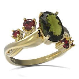 BG prsten s oválným kamenem 492-P Žluté zlato - 585 Vltavín a granát