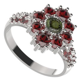 BG prsten 017-X kulatého tvaru Bílé zlato - 585 Vltavín a granát