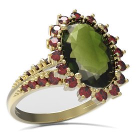 BG prsten s oválným kamenem 507-G Žluté zlato - 585 Vltavín a granát