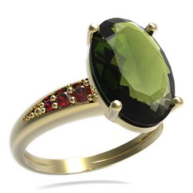 BG prsten oválný kámen 480-J Žluté zlato - 585 Vltavín a granát