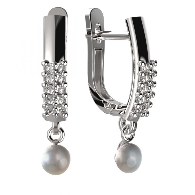 BG zlaté náušnice 1290 s bílou perlou Bílé zlato - 585 Diamant a perla