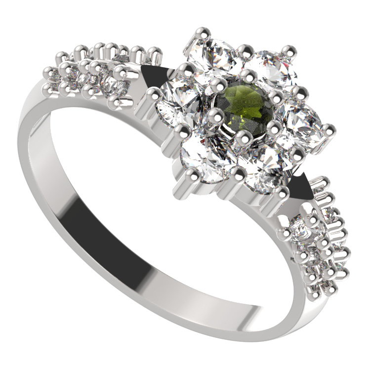 BG prstýnek 002 Bílé zlato - 585 Vltavín a  kubický zirkon