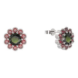 BG náušnice kulaté - 149 Stříbro 925 - rhodium Vltavín a granát